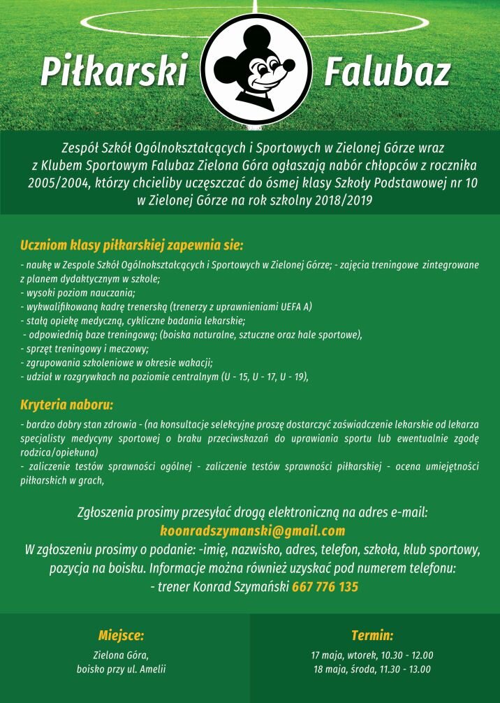 Nabór chłopców z rocznika 2005/2004 do ósmej klasy piłkarskiej.