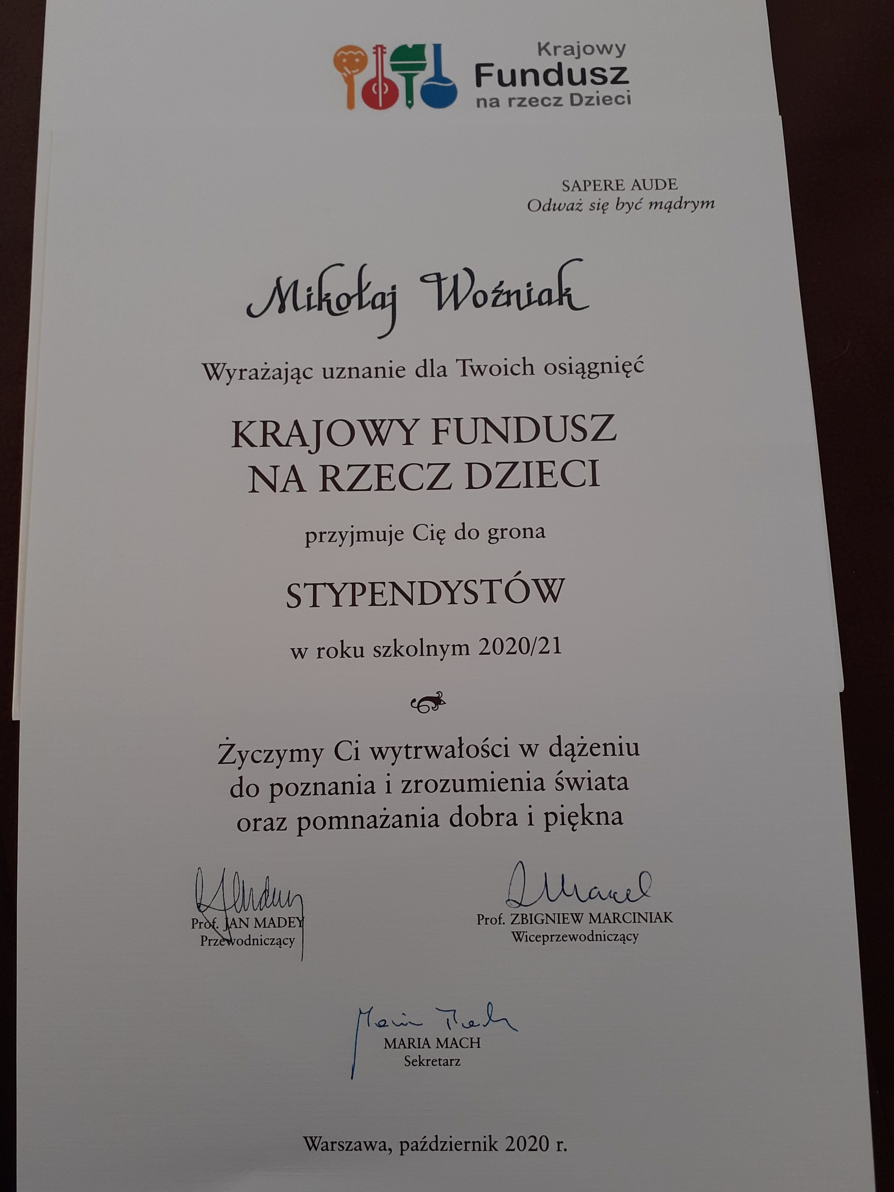 Uczeń 2AL stypendystą Krajowego Funduszu na Rzecz Dzieci