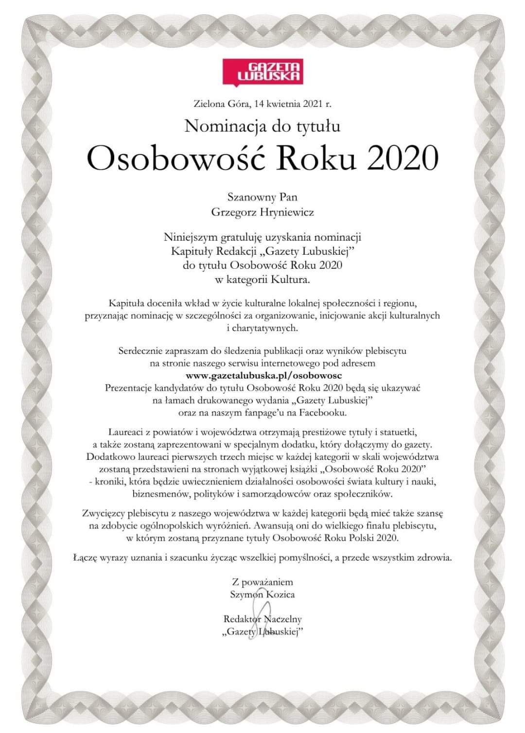 Nasz nauczyciel nominowany do Osobowości Roku 2020